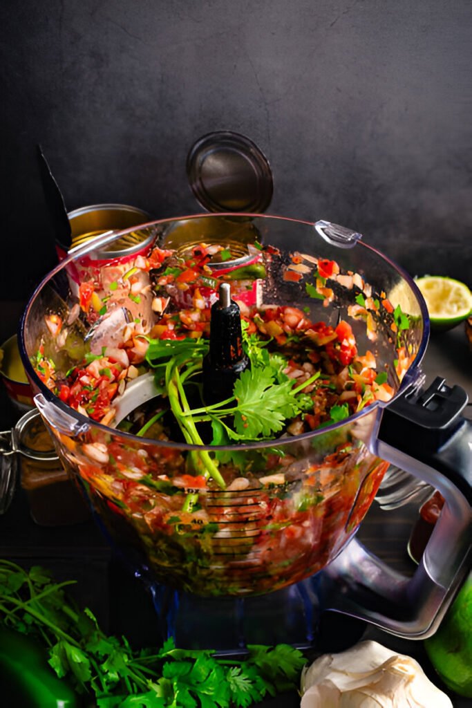 Food processor chopping ingredients for salsa