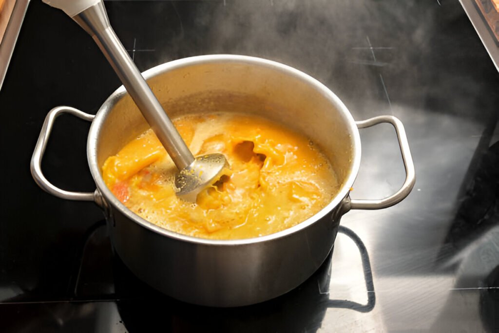 Immersion blender in a pot of soup