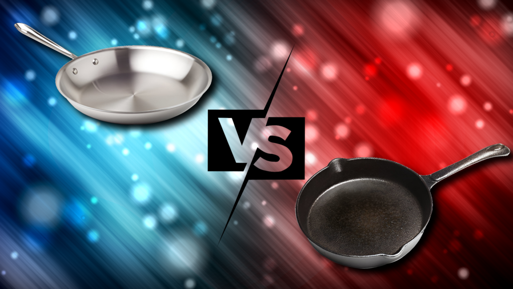 Side-by-side comparison of stainless steel and cast iron cookware