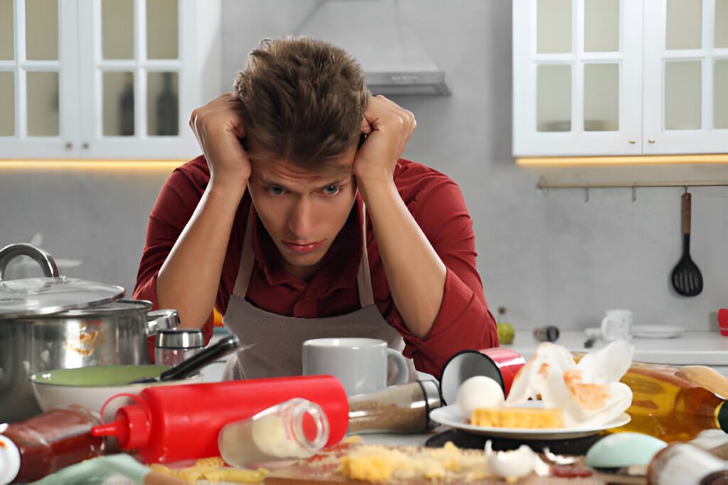 Frustrated home cook with kitchen disaster