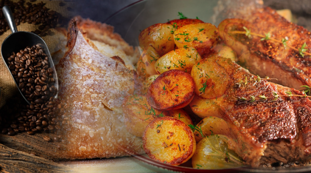 Example of the Maillard Reaction on different foods (coffee beans, sourdough bread, roasted potatoes, seared steaks).