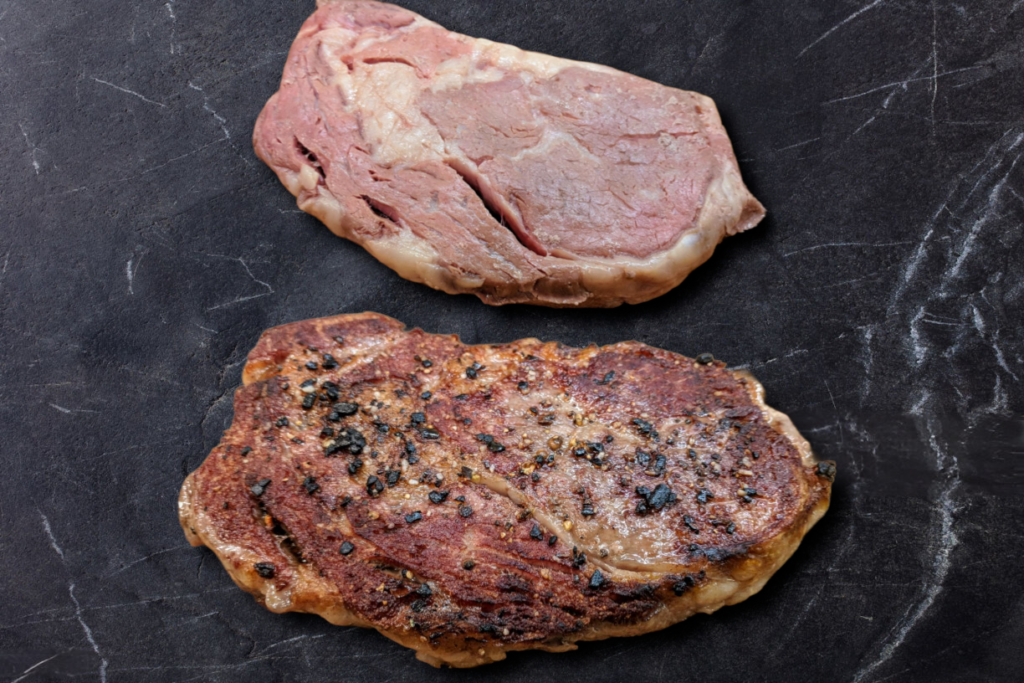 Comparison of an undercooked, pale steak and a perfectly seared, Maillard-rich steak.