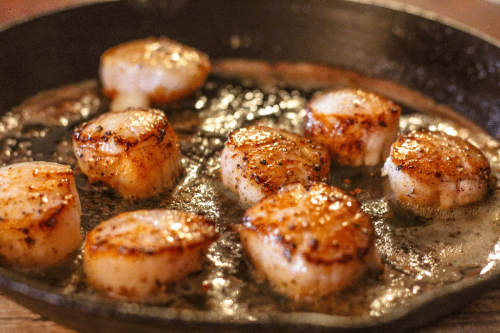 Scallops searing in a cast iron pan