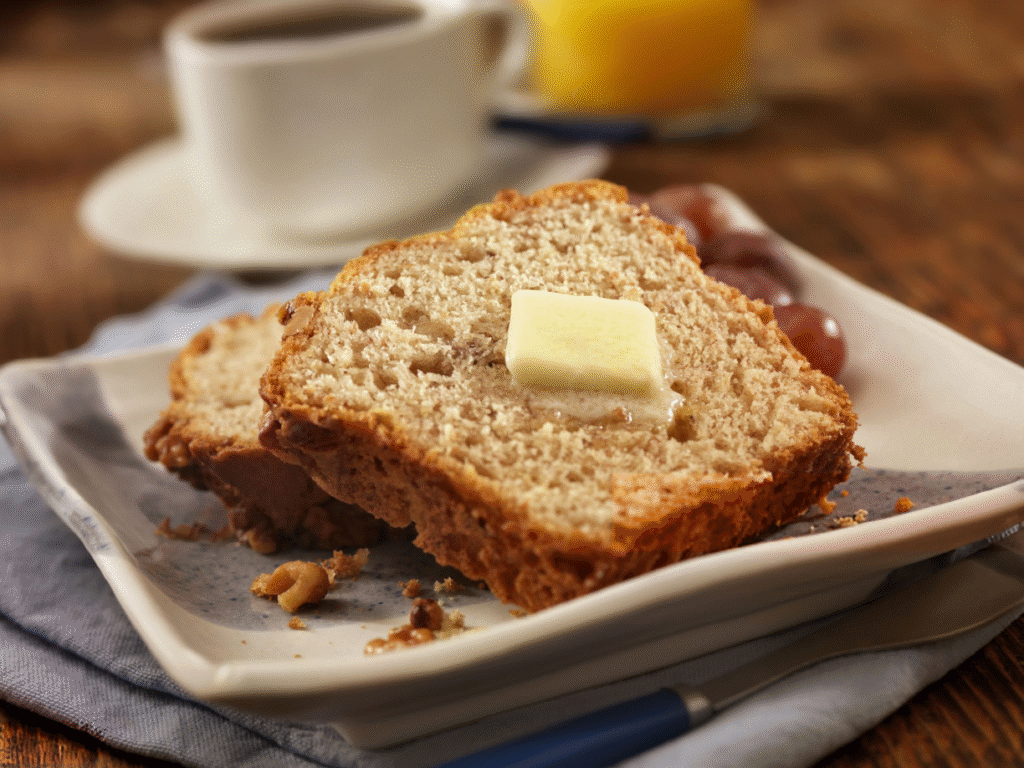 Slices of warm banana bread with butter. 