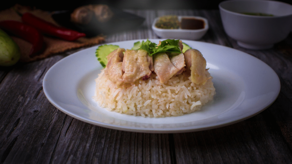 Plate of Hainanese chicken and rice.