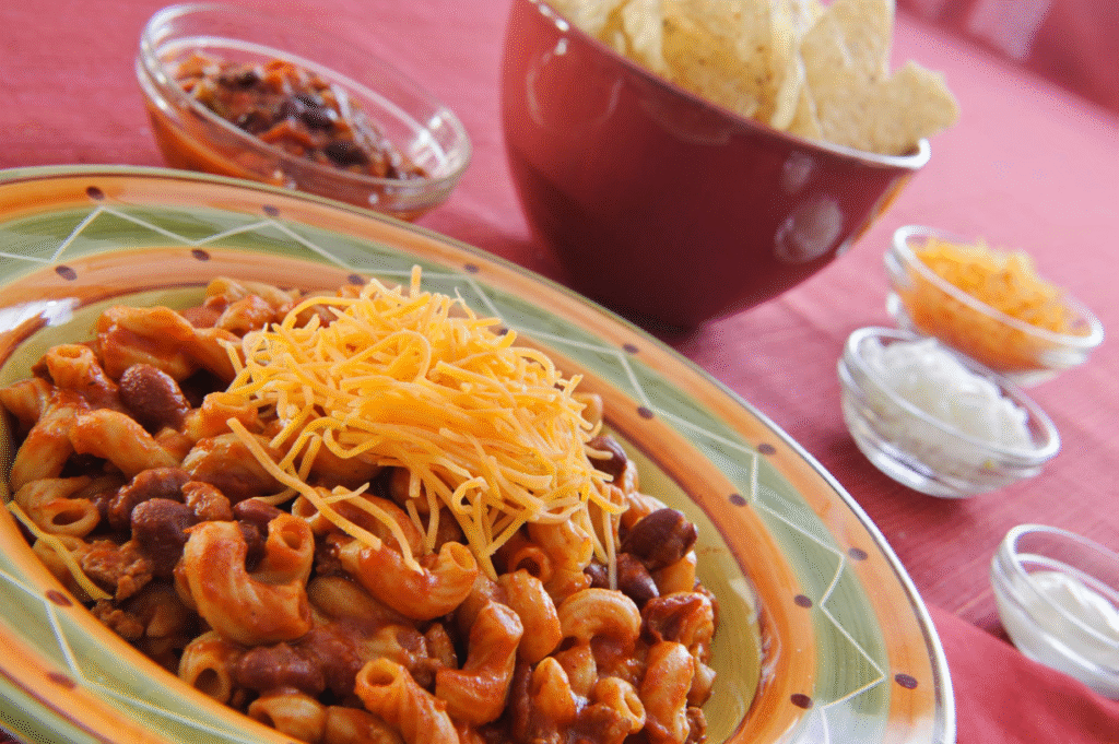 Bowl of chili mac with shedded cheddar cheese.